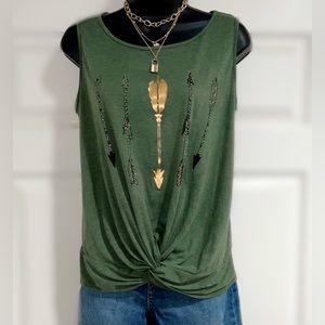Women’s hunter green sleeveless top with faux front knot.  Gold accents.  Size S